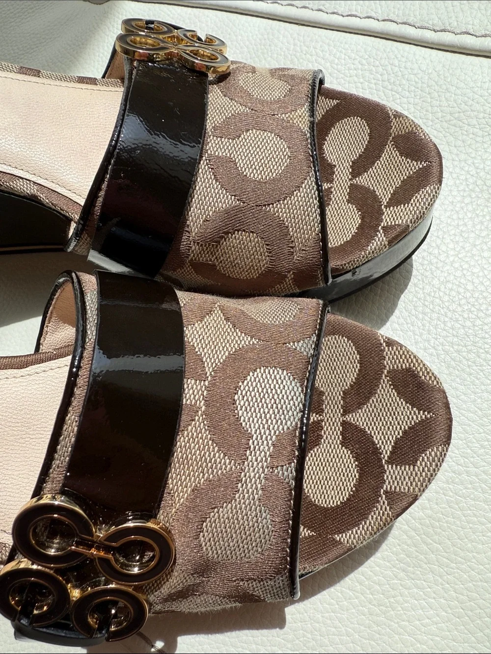 Coach Geri Wedge Sandals Signature Logo Canvas and Patent Leather Trim.